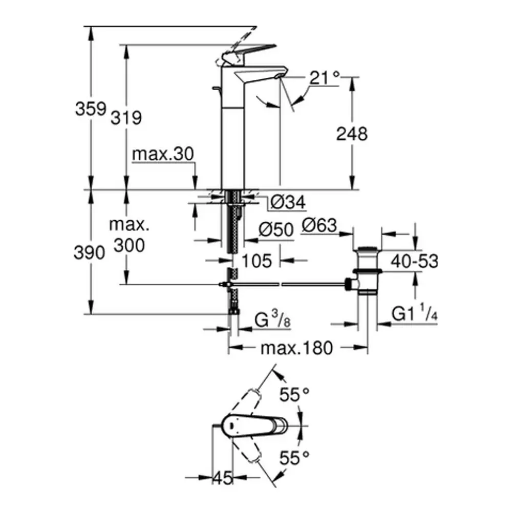 Grohe Armatur für freistehende Waschschüsseln mit verschiedenen Anschlussmaßen und Drehwinkel, schematische Darstellung der Installationsdetails.