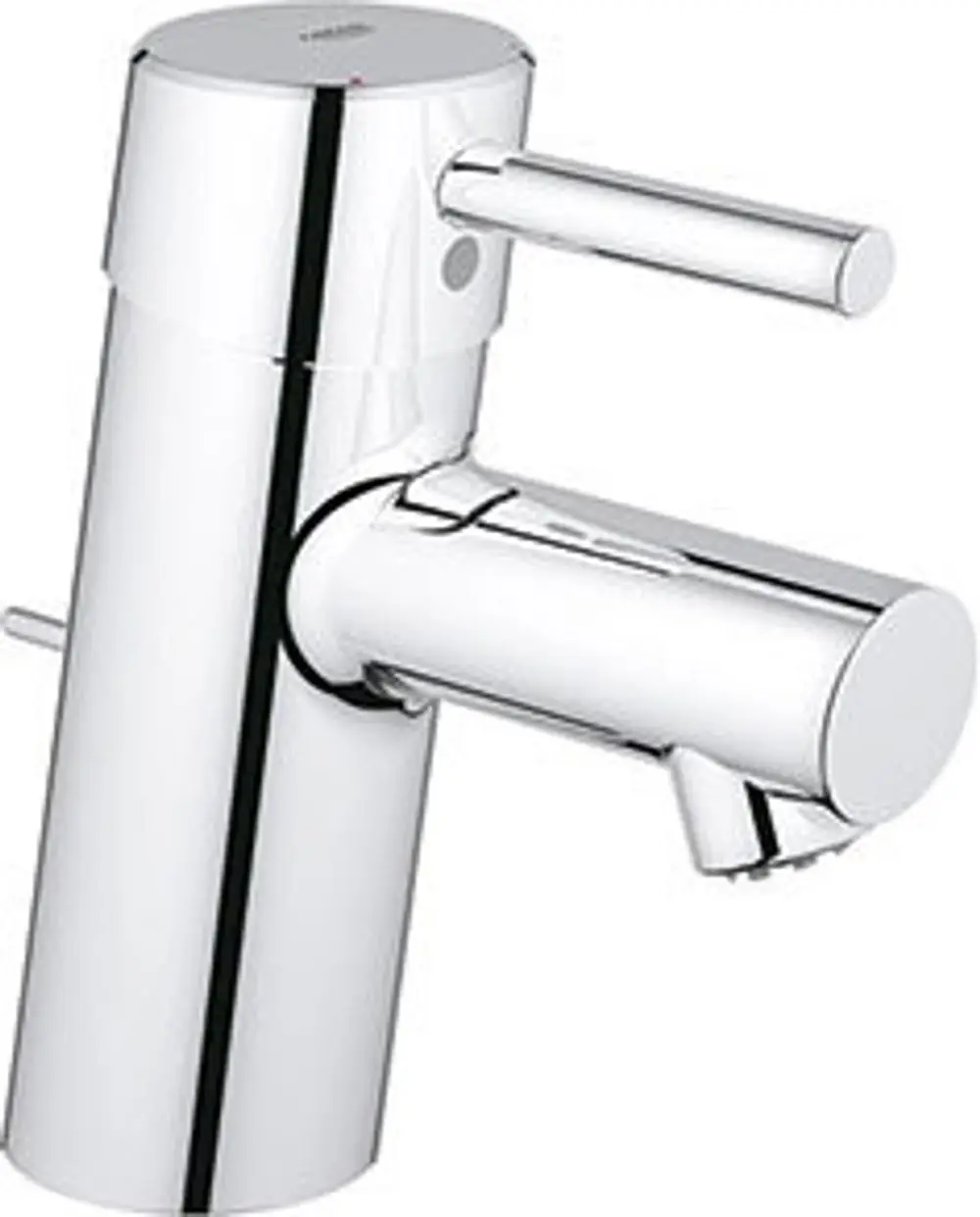 Chromfarbene Waschtischbatterie von Grohe mit einem schlanken Design, ausgestattet mit einem Hebel zur Temperaturregulierung und einem Auslauf für Wasserfluss.