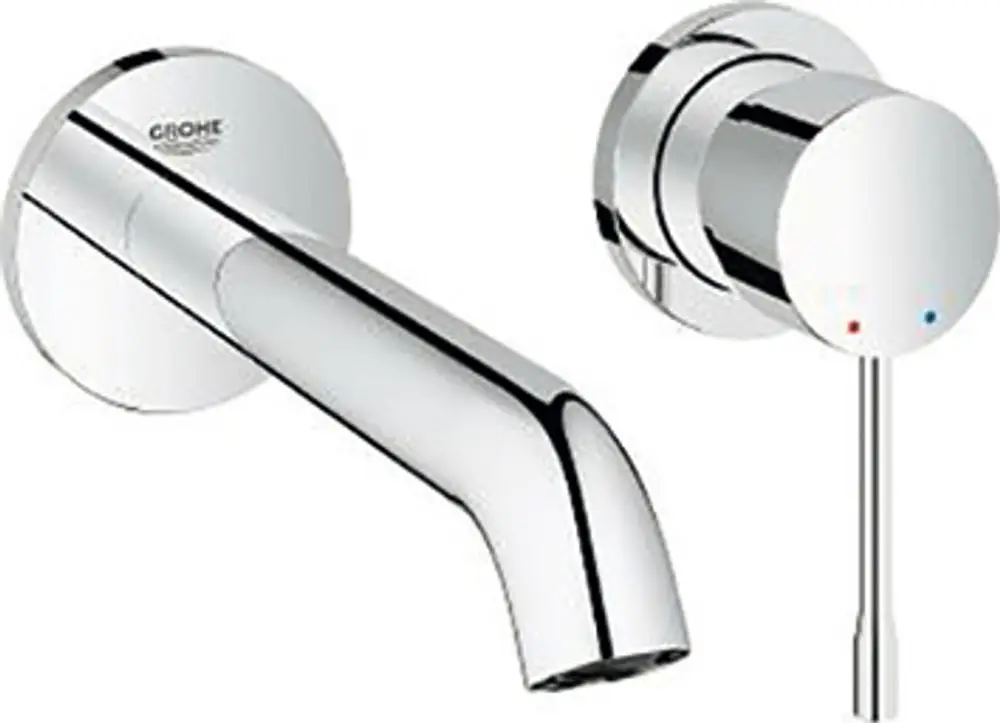 Grohe-Wandbatterie mit zwei Auslässen, verchromt, bestehend aus einem Wasserhahn und einem Temperaturregler. Schlichte Form und zeitgemäßes Design.