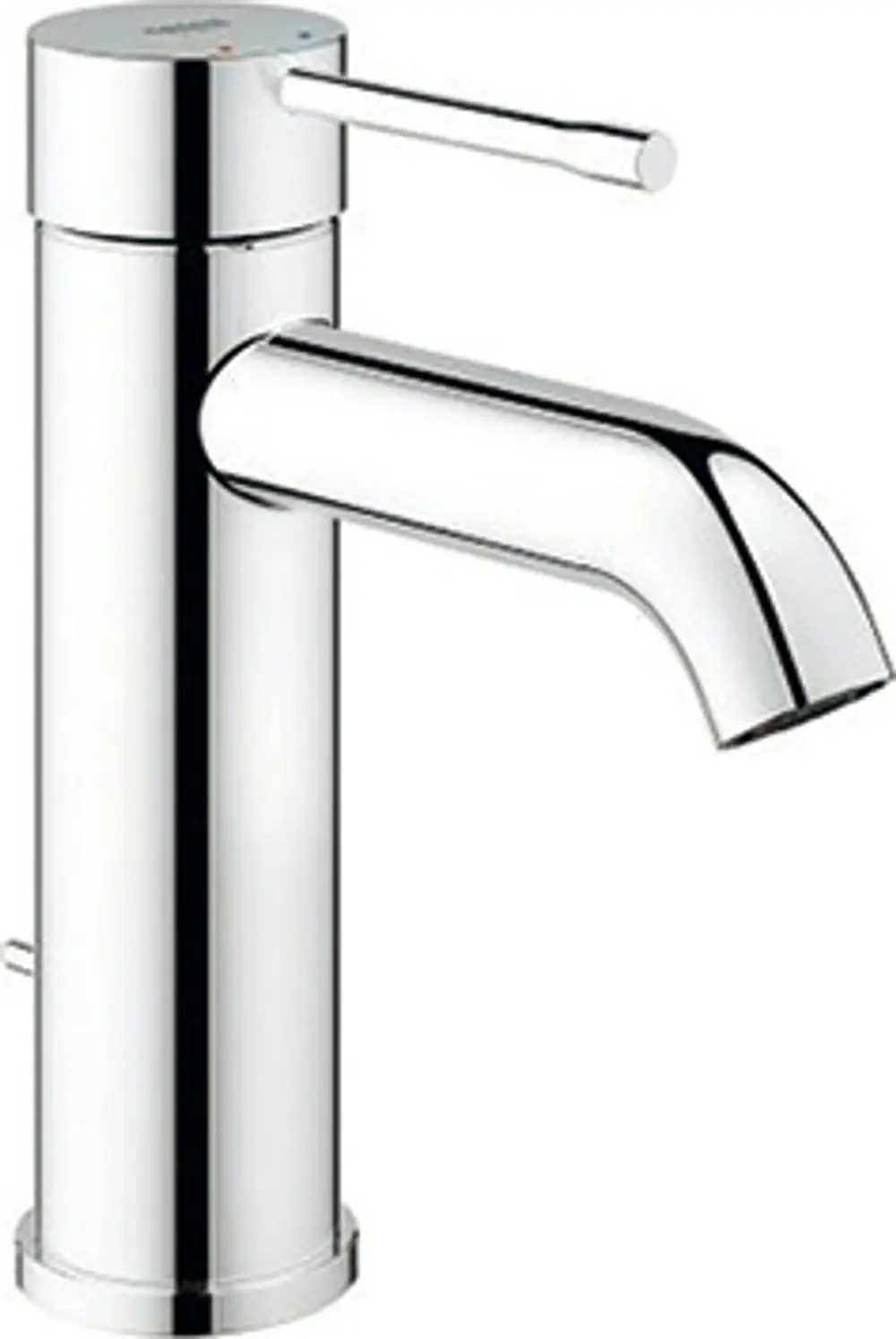 Grohe Einhand-Waschtischbatterie in chrom, zylindrisches Design mit seitlichem Hebel und abgerundeter Auslaufform, montiert auf einer glatten Oberfläche.