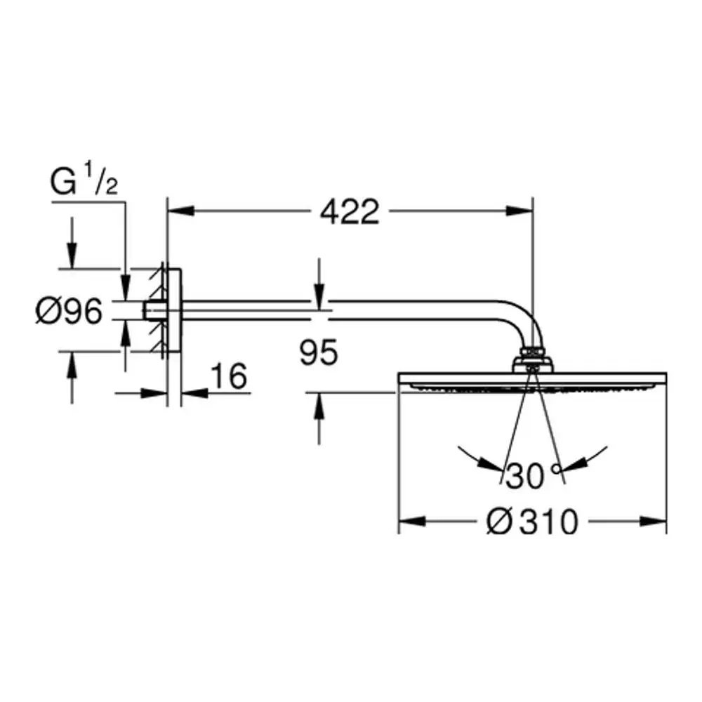 Grohe Kopfbrause mit einem runden Kopfteil und einem langen, gebogenen Brausearm. Technische Zeichnung mit Maßen und Anschlussdetails.