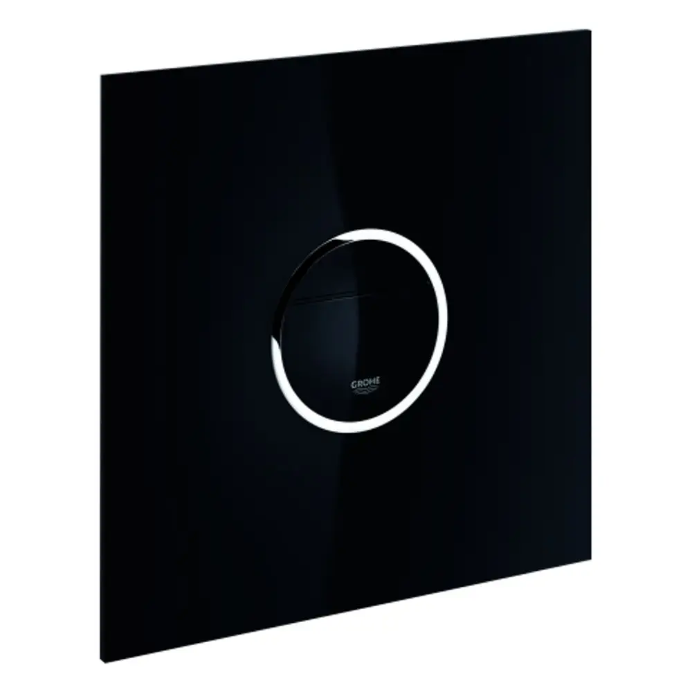 Schwarze WC-Betätigung von Grohe mit runder Betätigungstaste in der Mitte und einem schlichten, modernen Design.