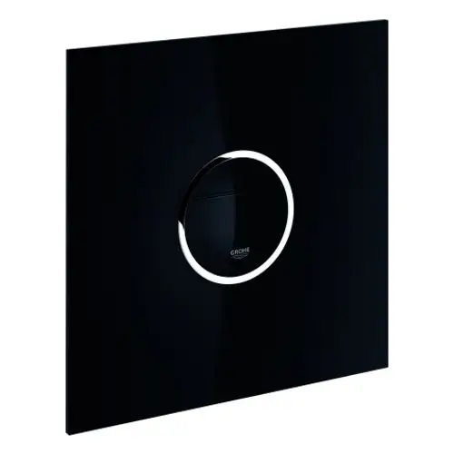 Schwarze WC-Betätigung von Grohe mit runder Betätigungstaste in der Mitte und einem schlichten, modernen Design.