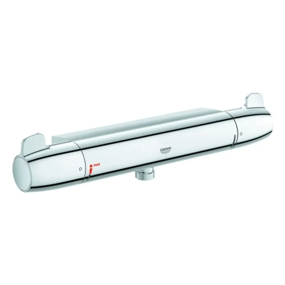 Chromfarbener Thermostatmischer von Grohe mit bedienfreundlichen außenliegenden Steuergriffen und Anzeigen für Temperaturmaximal- und Minimalwerte.