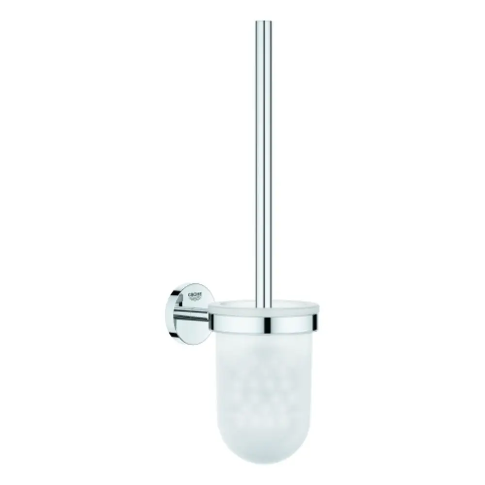 Wandmontierte Toilettenbürstengarnitur aus verchromtem Metall mit einem transparenten, runden Behälter. Produkt von Grohe, geeignet für Badezimmer.