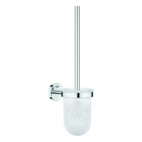 Wandmontierter Toilettenbürstenhalter mit gläsernem Behälter und verchromtem Griff im modernen Design.