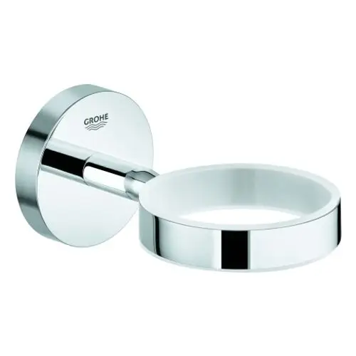 Wandmontierter Halter von Grohe in chrom, runde, offene Form für den vielseitigen Einsatz, befestigt an einer runden Wandplatte.