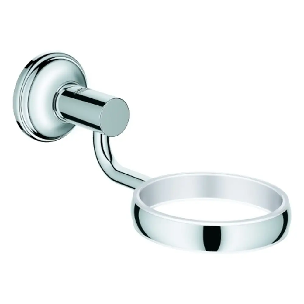 Halterung in Chrom von Grohe, montiert an der Wand, mit runder Form und einem Ring zur Ablage von Gegenständen.