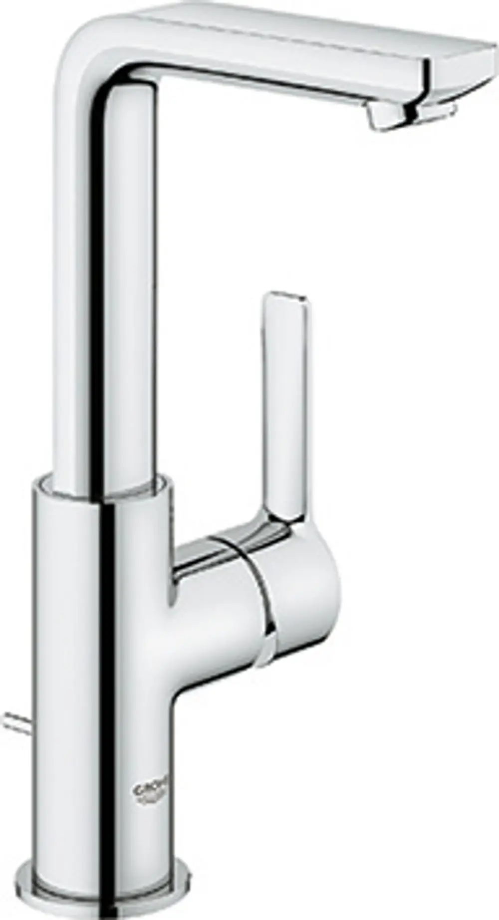 Einhand-Waschtischbatterie von Grohe in chromierter Oberfläche, mit einem rechteckigen Auslauf und einem langen Hebel für die Steuerung der Wassermenge.