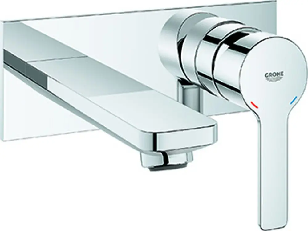 Grohe Wandbatterie in Chrom mit zwei Bedienelementen, einem langen Auslauf und einem verstellbaren Wasserfluss. Die Oberfläche ist glänzend und modern gestaltet.