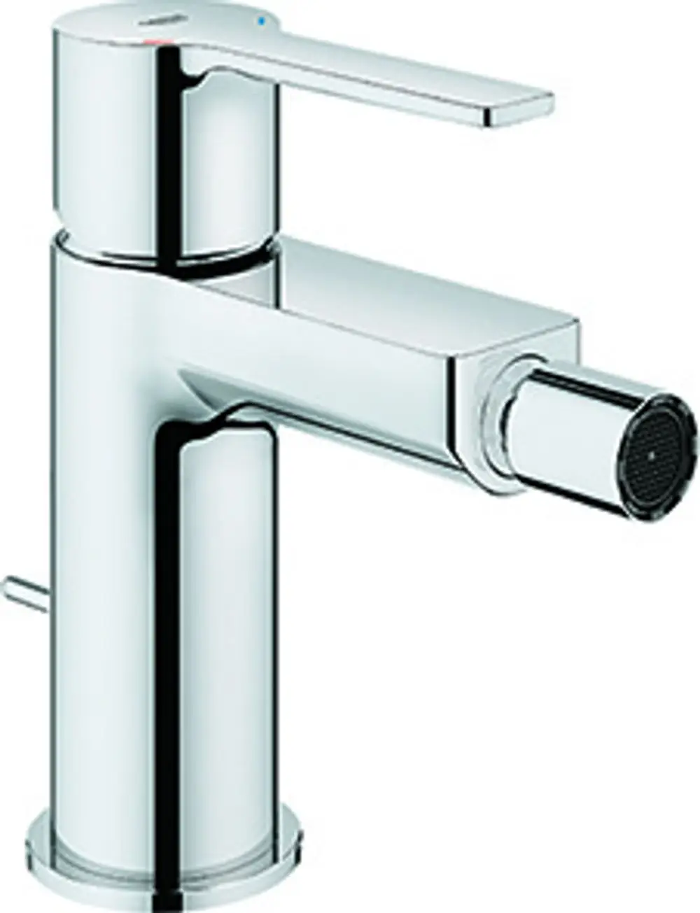 Ein Grohe Bidetarmatur in Chrom, mit einem modernen Design und einem Hebel für die Wassersteuerung, montiert in einem einzelnen Loch.