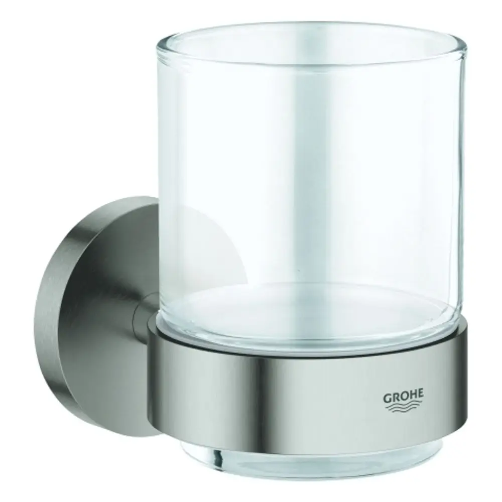 Wandmontierter Halter für ein Glas von Grohe. Der Halter hat eine supersteel-Oberfläche und hält ein transparenter Glasbehälter.