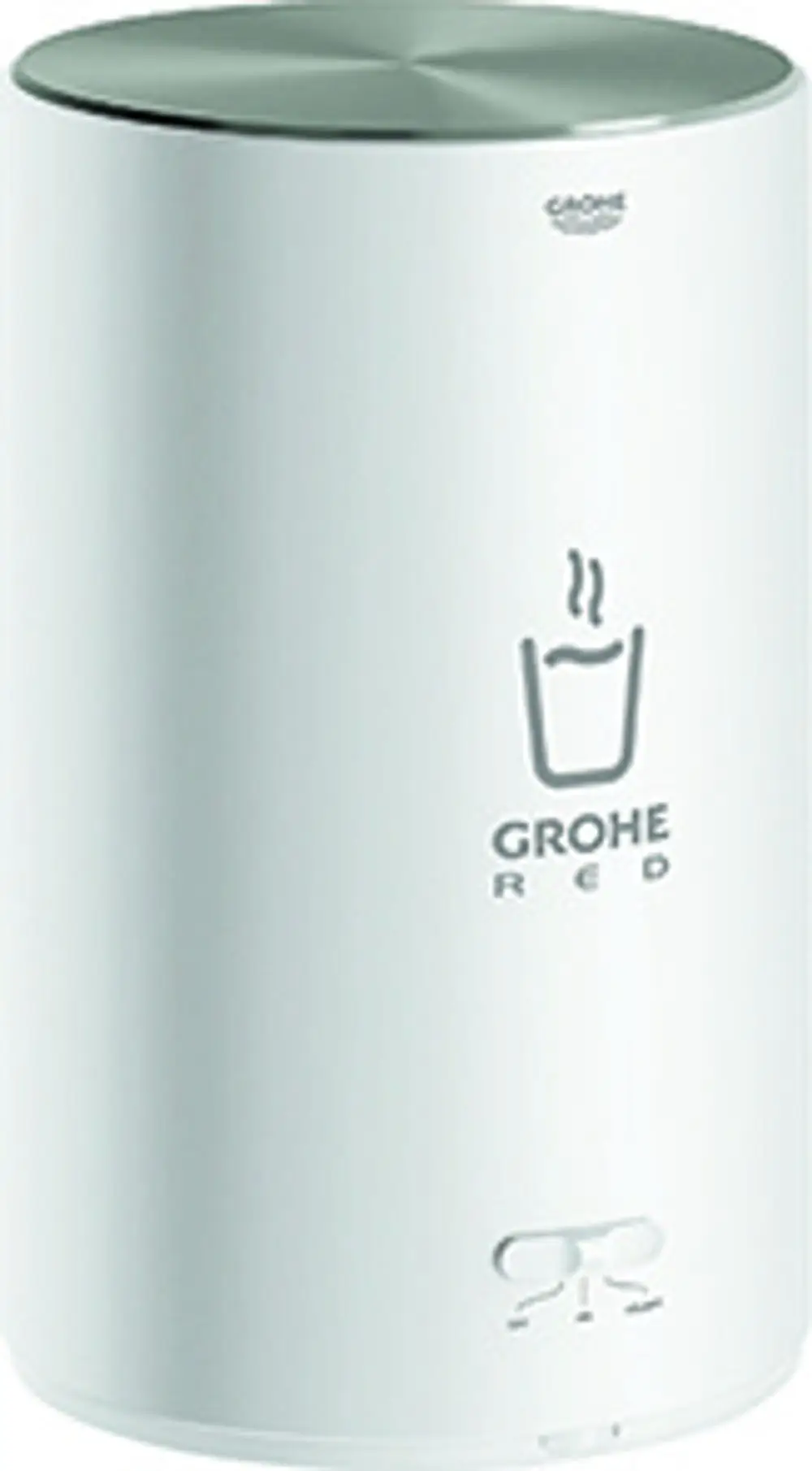 Weißer Wasserboiler von Grohe mit rundem Deckel, ausgestattet für die Bereitstellung von kochendem und warmem Wasser. Minimalistisches Design, auf einer glatten Oberfläche platziert.