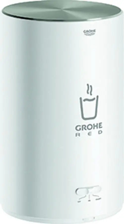 Weißer Wasserboiler von Grohe mit rundem Deckel, ausgestattet für die Bereitstellung von kochendem und warmem Wasser. Minimalistisches Design, auf einer glatten Oberfläche platziert.
