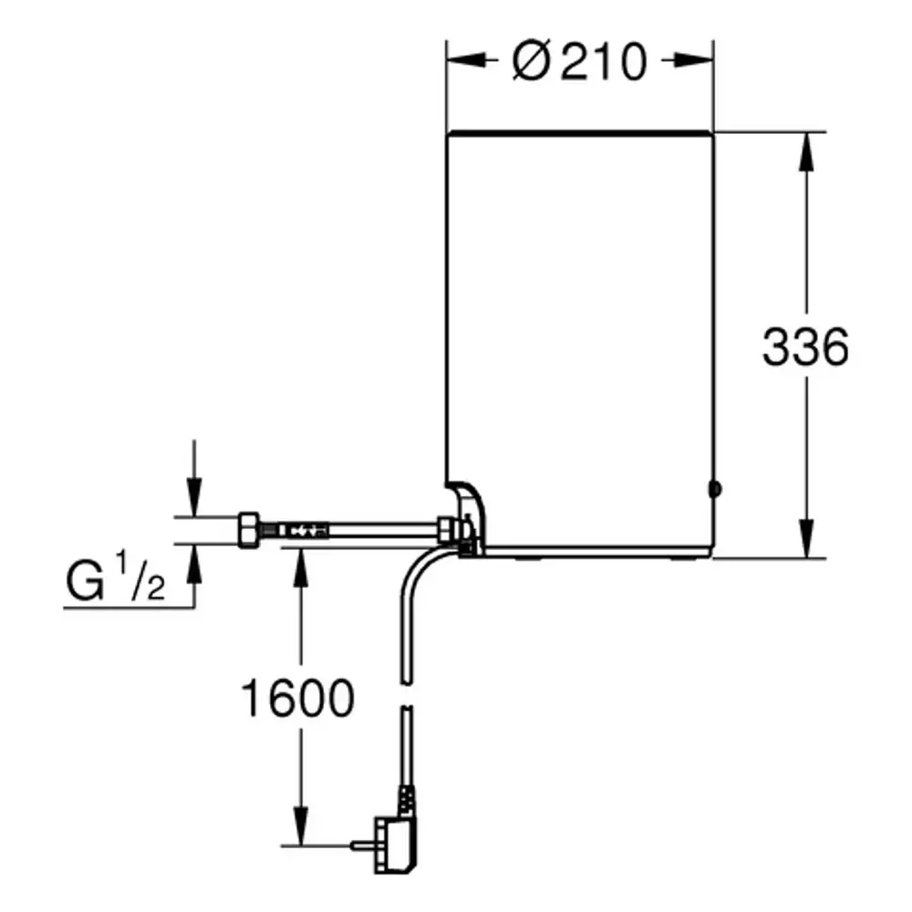 Weißer, rechteckiger Boiler von Grohe mit Anschluss für Wasserversorgung, seitlich angeordnetem Rohr und verschiedenen Maßelementen.