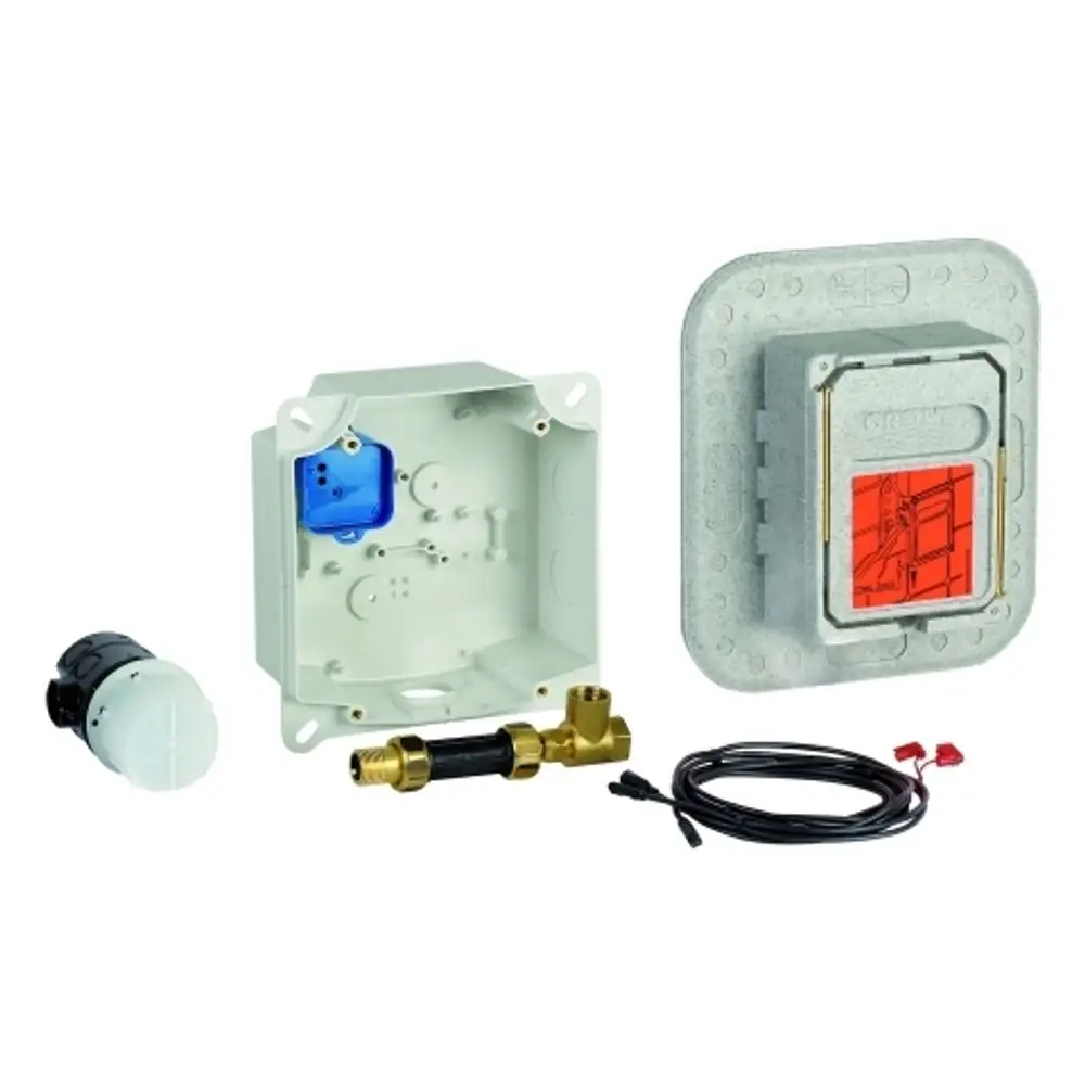 Grohe Einbaukasten bestehend aus einer weißen Montagebox, einer Ventilkomponente mit Verbindungsteilen, einem elektrischen Bauteil und Kabeln in einem robusten Gehäuse.