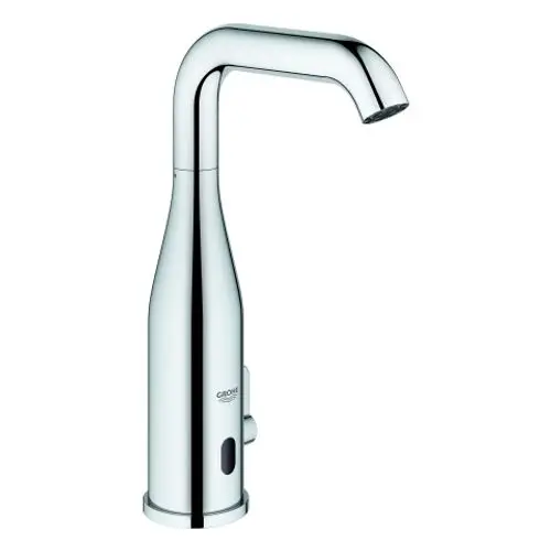 Grohe-Wasserhahn in chrom mit gebogenem Auslauf und seitlichem Bedienhebel. Der Wasserfluss kann elektronisch gesteuert werden.