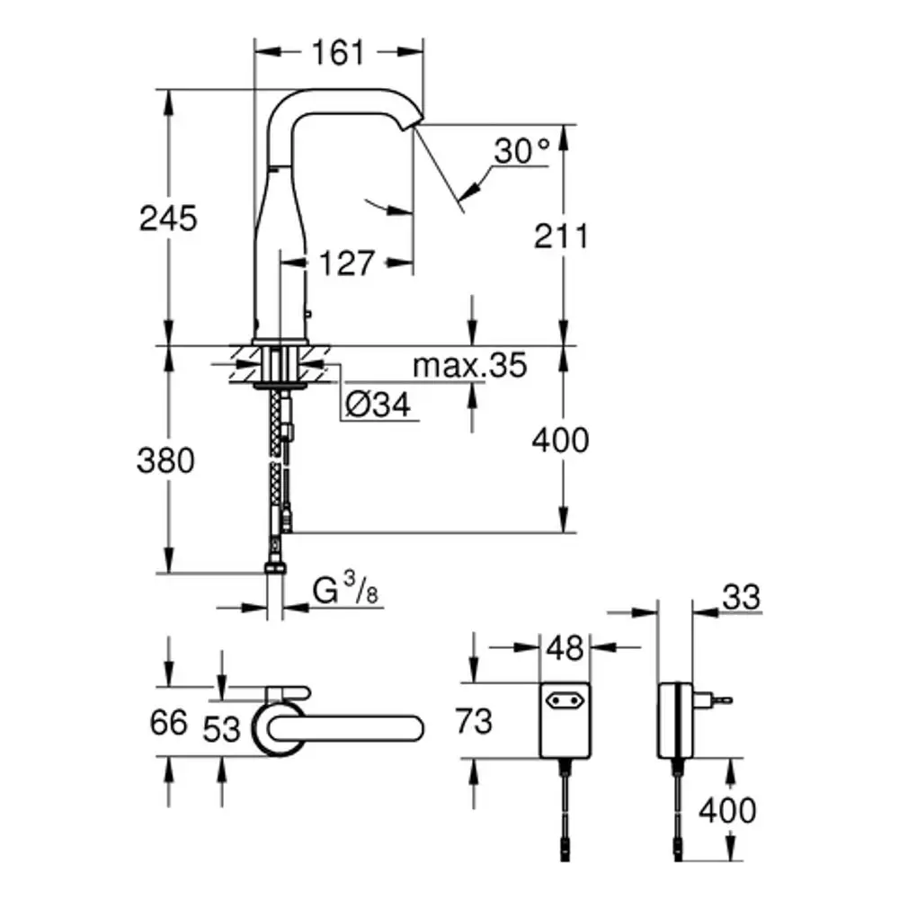 Grohe Wasserhahn mit hoher Auslaufhöhe und schwenkbarem Auslauf, abgebildet in Seitenansicht mit maßlichen Angaben und Anschlussdetails.