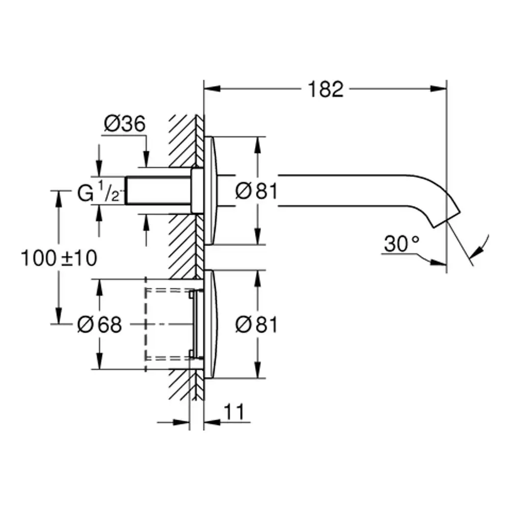 Technische Zeichnung eines Grohe-Productes mit Maßen und Details wie Durchmessern und Montageinformationen für eine Elektronikkomponente.