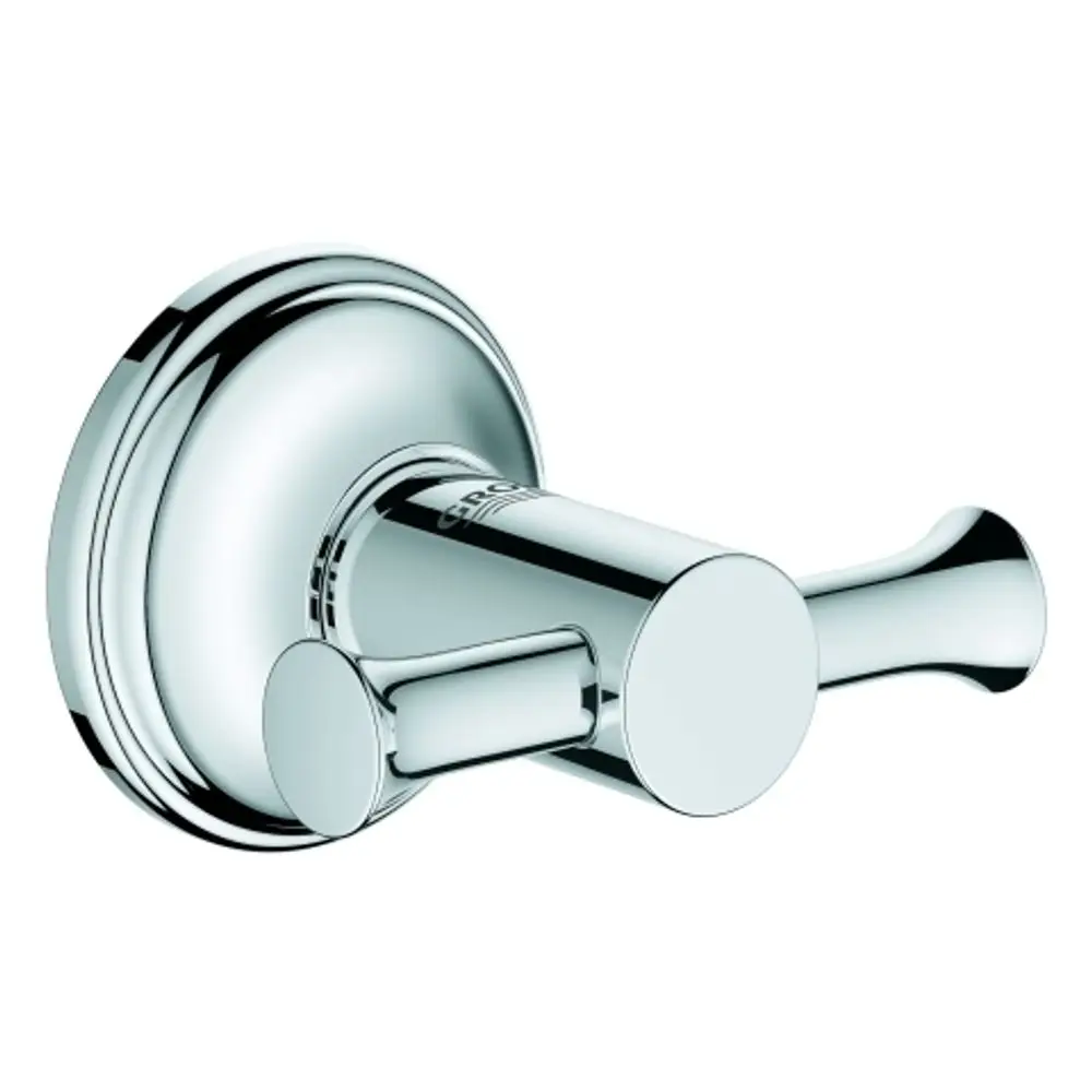 Chromfarbener Haken von Grohe, montiert an einer Wand, für Bademäntel oder Handtücher, mit runder Basis und einem einfachen, geraden Griff.