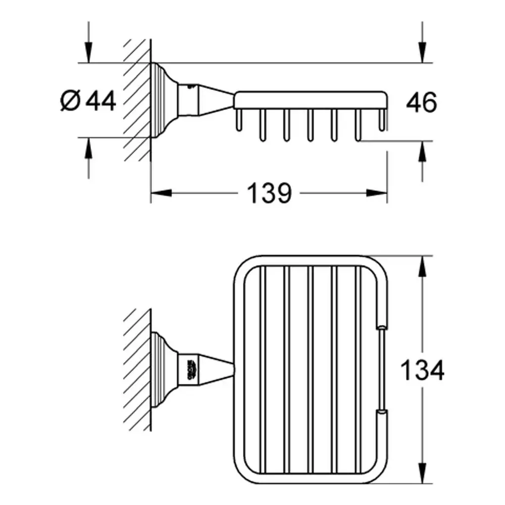 Grohe Ablagekorb in chrom mit einem runden Wandanschluss und länglichen Ablageflächen, dargestellt in seitlicher und frontaler Ansicht, mit sichtbaren Maßen.