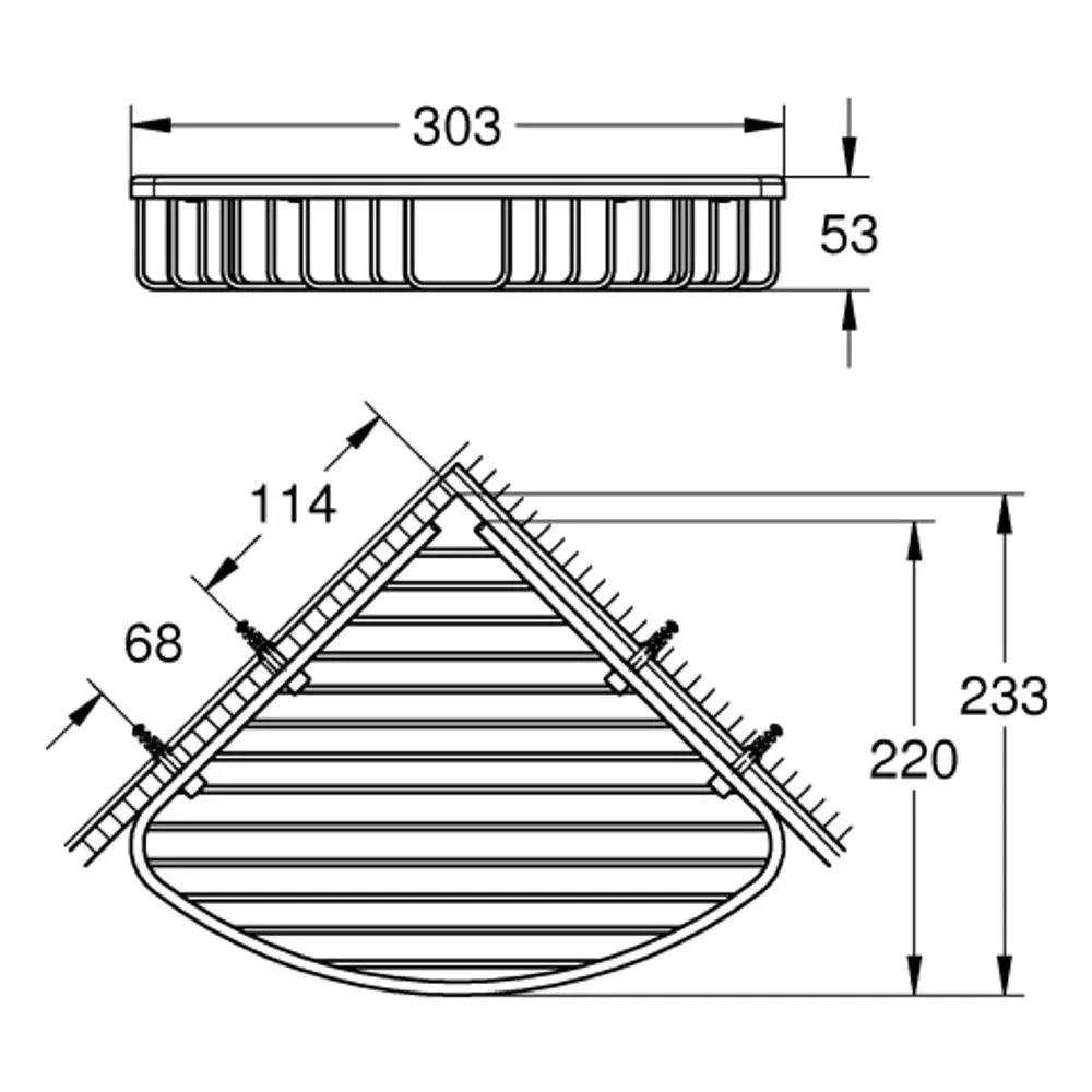 Auf der Zeichnung ist ein Ablagekorb von Grohe mit dreieckiger Form und fixierten Schlitzen zu sehen. Die Maße sind in Millimetern angegeben.
