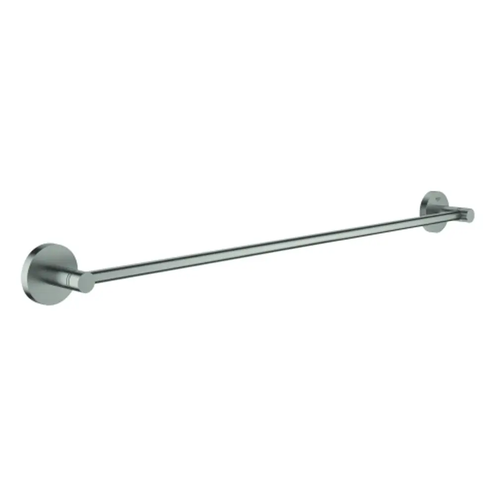 Grohe Badetuchhalter aus Metall mit zwei runden Halterungen, in schlichter, silberner Optik. Der Handtuchhalter ist horizontal montiert.