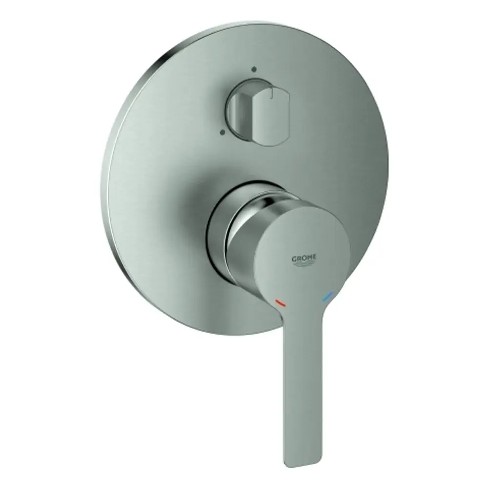 Grohe-Wannenarmatur mit runder, flacher Metalloberfläche, einem Drehregler in der Mitte und einem Hebel zur Temperatur- und Wasserstärkeregelung in Edelstahloptik.