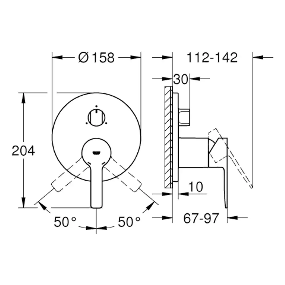 Grohe Armatur mit rundem Bedienfeld, mit einem zentralen Griff und seitlicher Einstellung, dargestellt in technisch präziser Ansicht, Maße und Winkel angegeben.