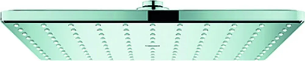 Kopfbrause mit flachem, quadratischem Design in Chrom-Optik, ausgestattet mit zahlreichen Wasserstrahldüsen, von der Marke Grohe.