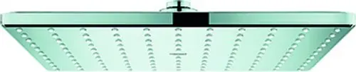 Duschkopf im quadratischen Design mit mehreren Wasserstrahldüsen, glänzender Oberfläche und integriertem Wasseranschluss.