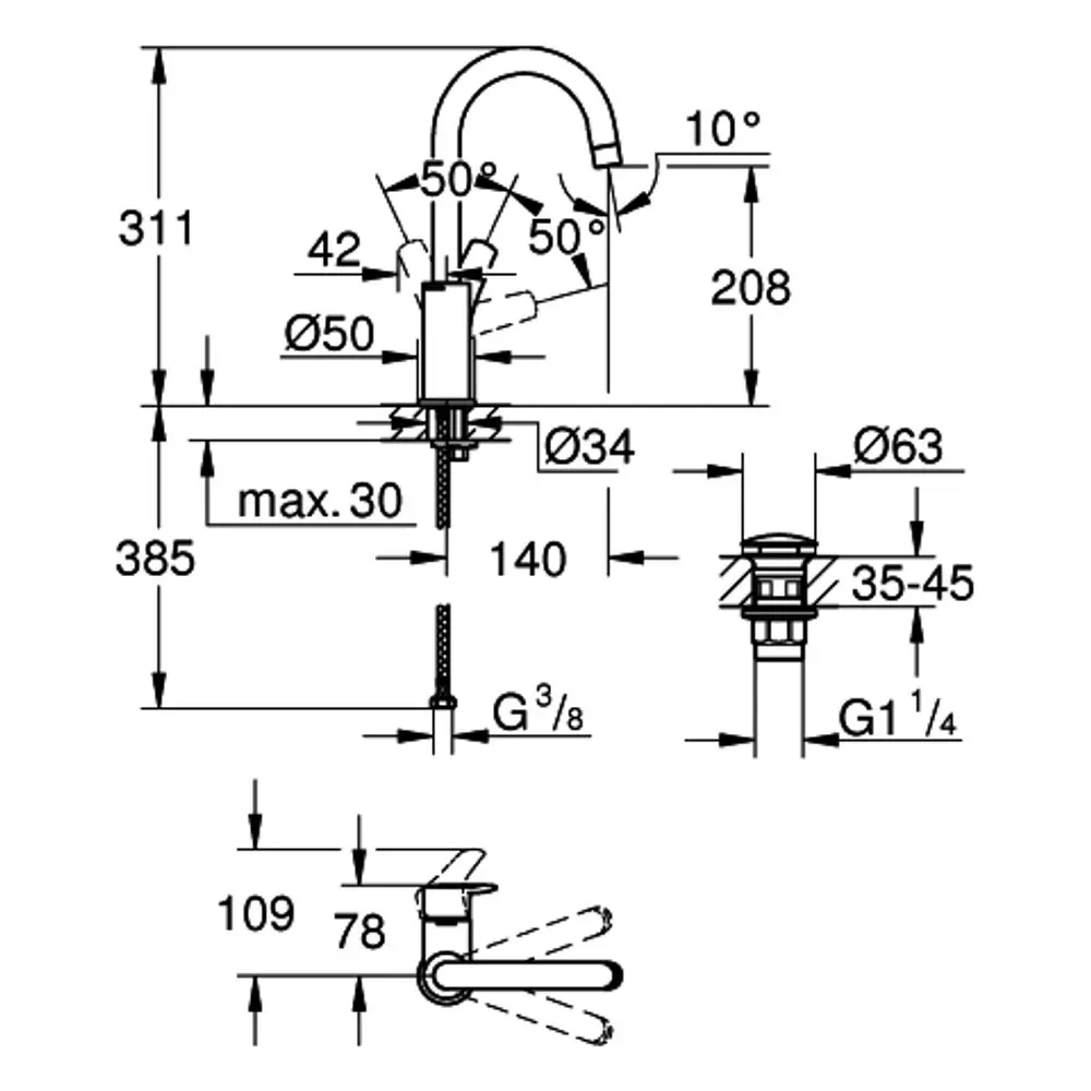 Technische Zeichnung einer Grohe Armatur mit verschiedenen Maßen und Montageinformationen. Enthält Details zu Wasseranschluss, Hebel und Ablaufgarnitur.