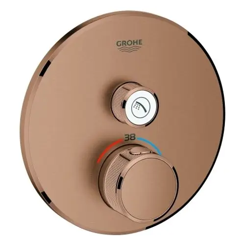 Thermostat von Grohe mit runder Oberfläche, zwei Drehreglern zur Temperatureinstellung und Wasserumleitung, ausgeführt in warmem Sunset-Finish.