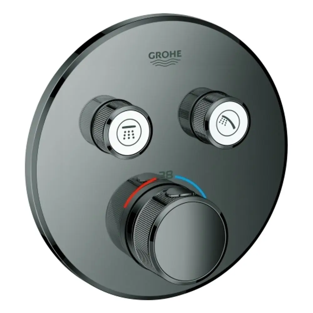 GROHE Thermostat mit runder Blende, zwei Drehknöpfen zur Temperatureinstellung und Wasserartenwahl, in einer dunklen Graphitfarbe.