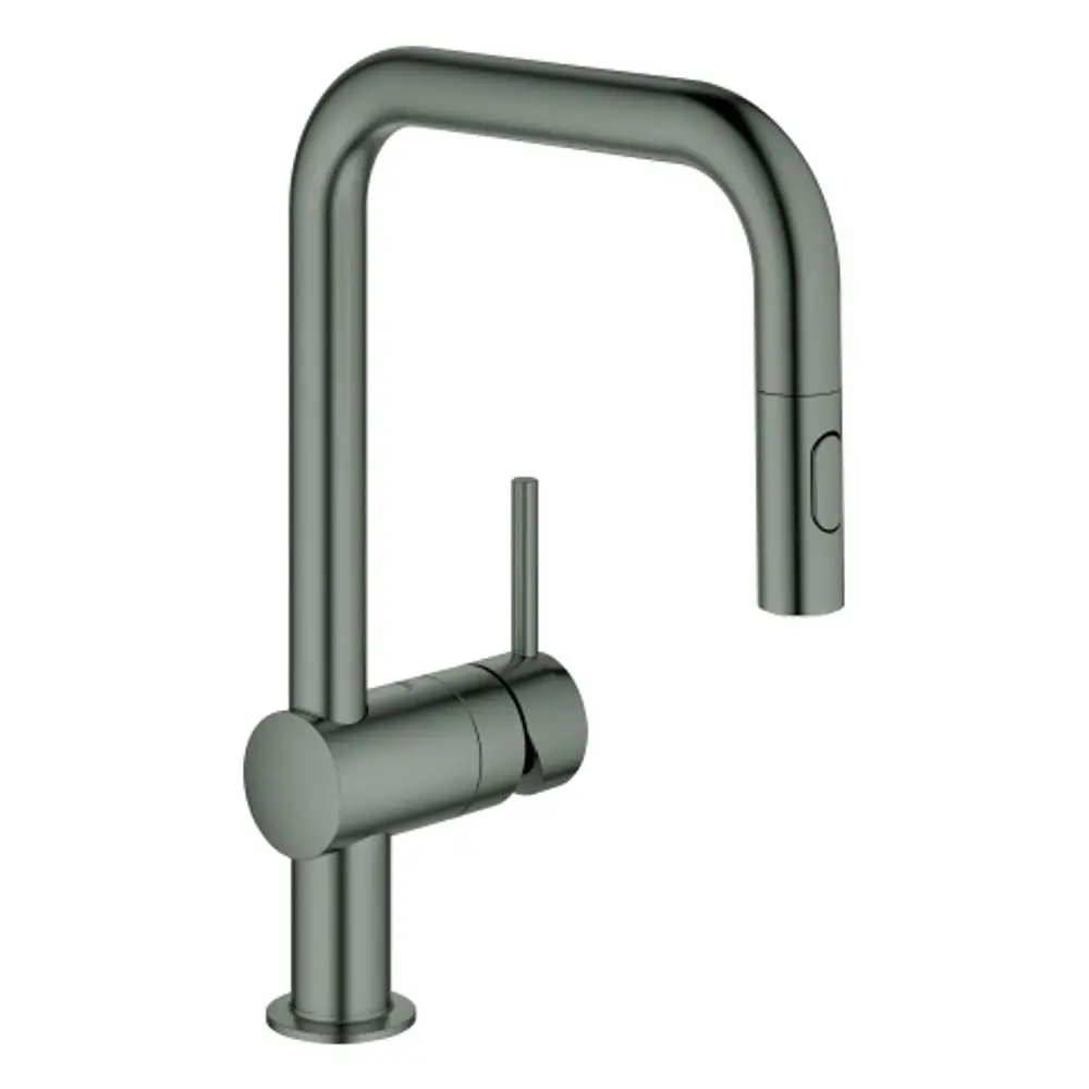 Spültischbatterie von Grohe in einer dunklen Oberflächenfarbe mit U-Auslauf, seitlichem Bedienhebel und integriertem Ausziehbrausekopf.