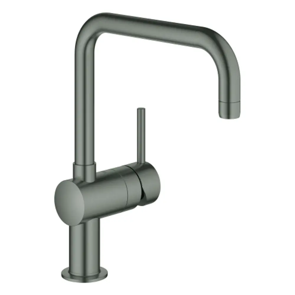 GROHE Wasserhahn in gebürstetem Grauton mit U-Auslauf und seitlichem Hebel, für Spültische geeignet. Modernes Design mit klaren Linien.