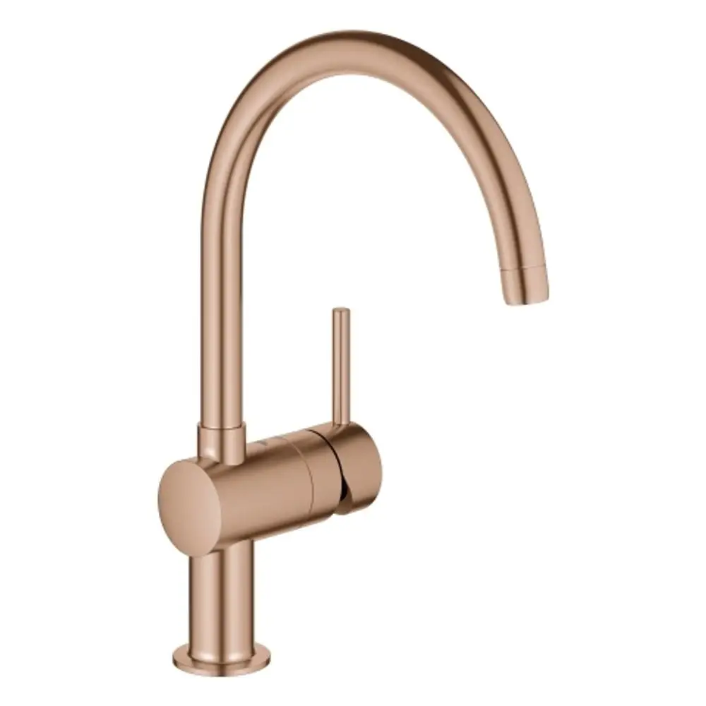 Grohe-Faucet in gebürstetem Kupfer mit hohem Bogen und seitlichem Hebel zur Steuerung des Wasserflusses. Minimalistisches Design ohne weitere Details.