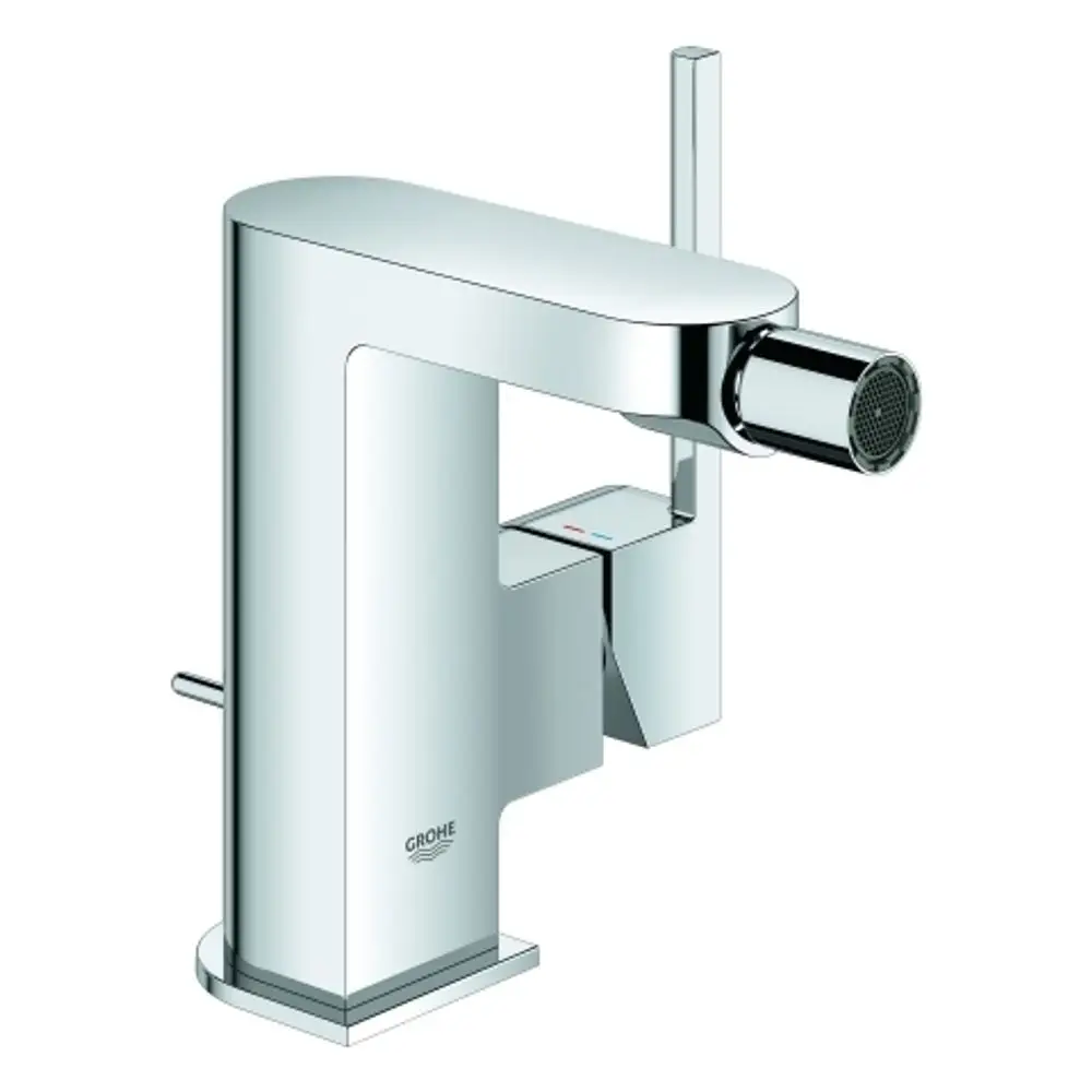 GROHE Bidetarmatur in chromfarbener Ausführung mit einer schlanken Form und integrierter Wasserregulierung. Sichtbare Steuerungselemente zur Anpassung von Temperatur und Durchfluss.
