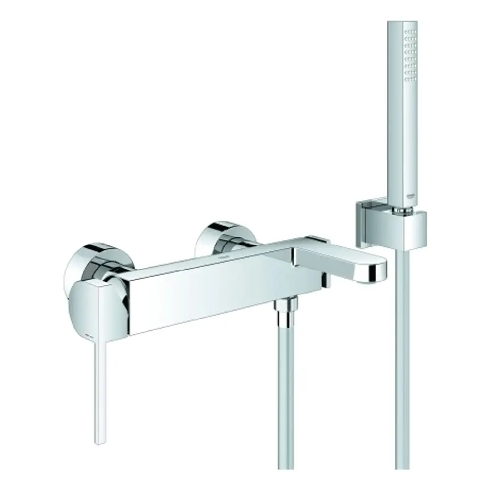 Chromene Wandmontagearmatur von Grohe mit integriertem Handbrauseschlauch und zwei Bedienelementen. Minimalistisches Design geeignet für Badezimmer.