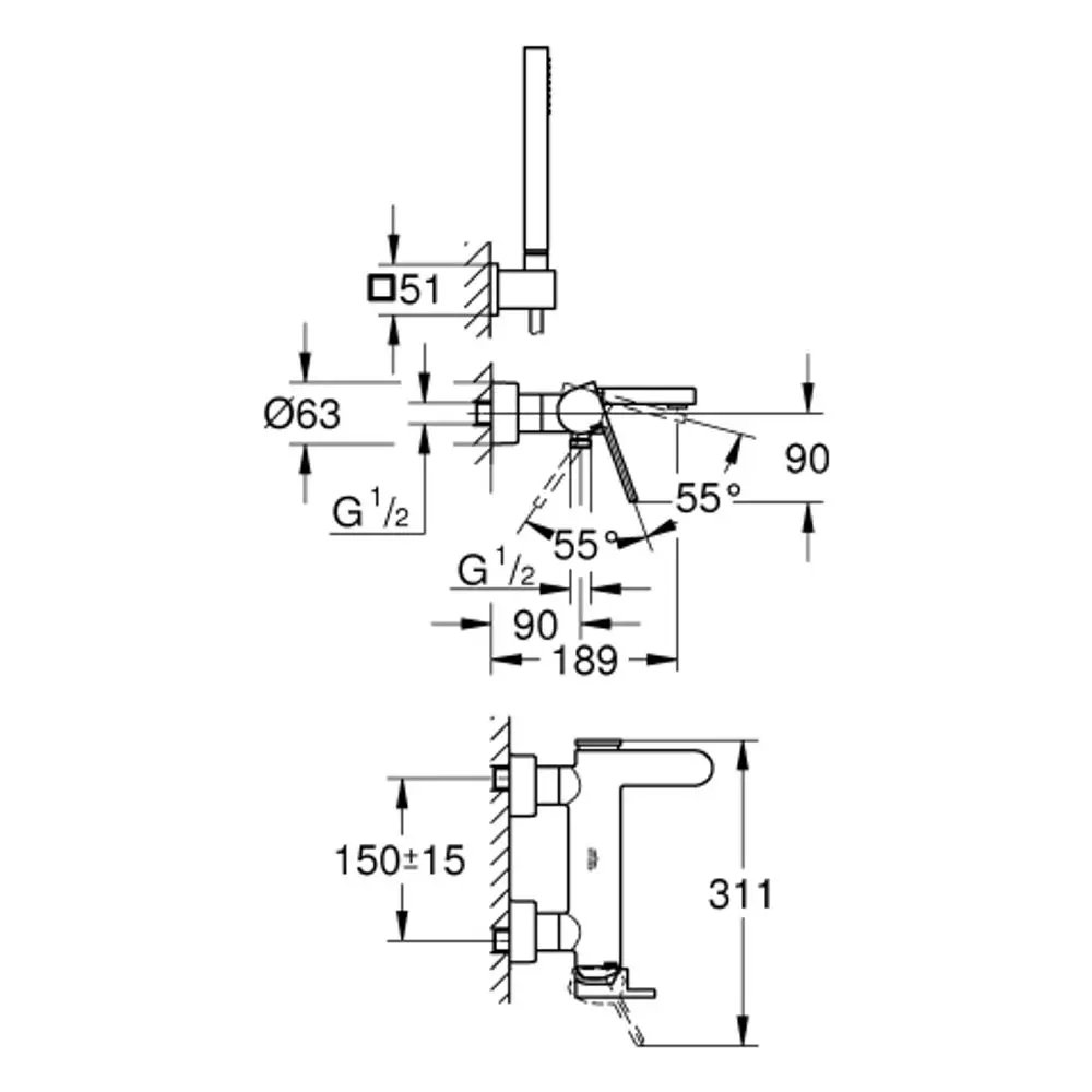 Technische Zeichnung einer Wandmontage mit Brausegarnitur von Grohe. Maße und Anschlussdetails sind schematisch dargestellt.