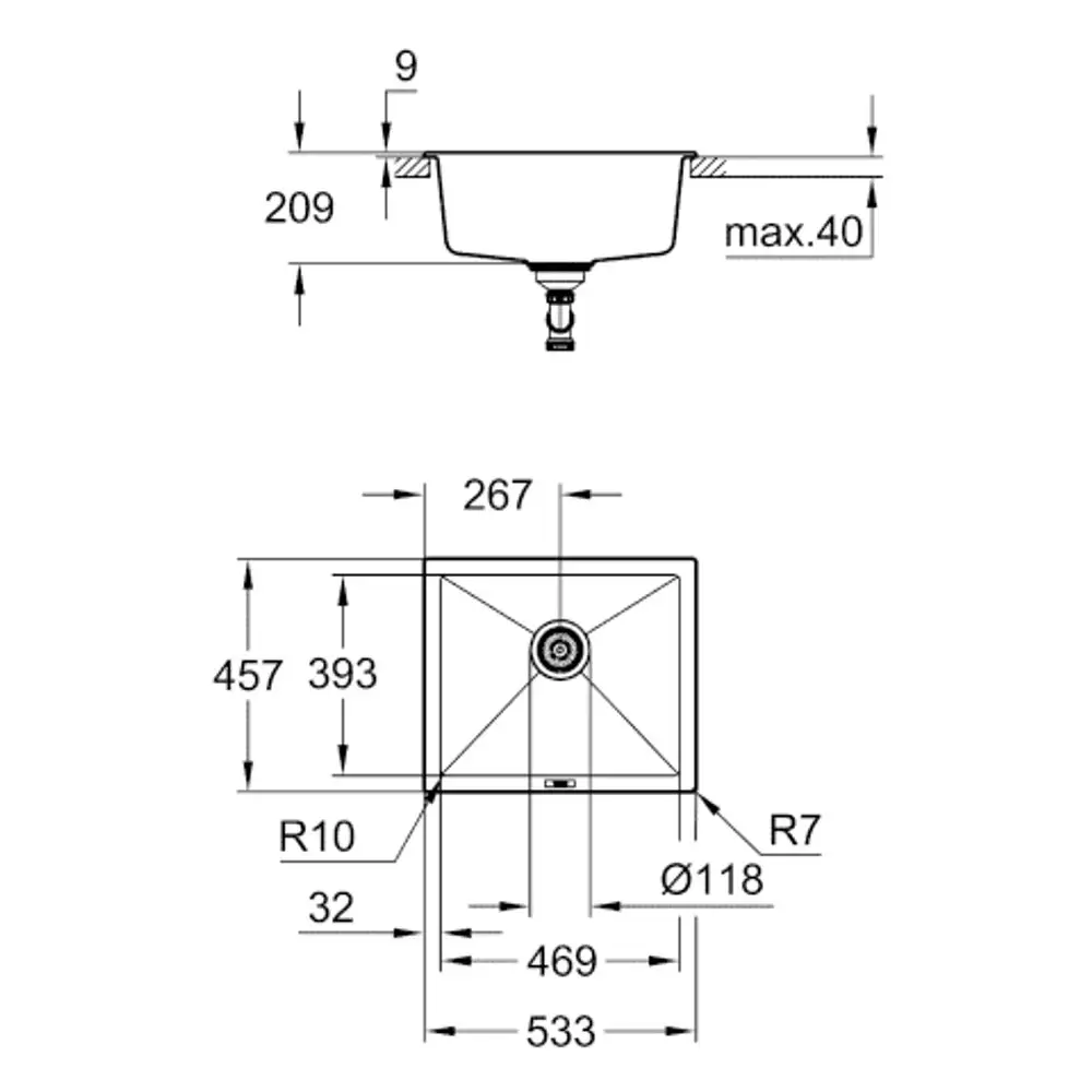 GROHE Kompositspüle, Unterbau, mit einem Becken, rechteckige Form, skizzierte Maße und Details zur Installation sind auf dem technischen Zeichnung dargestellt.