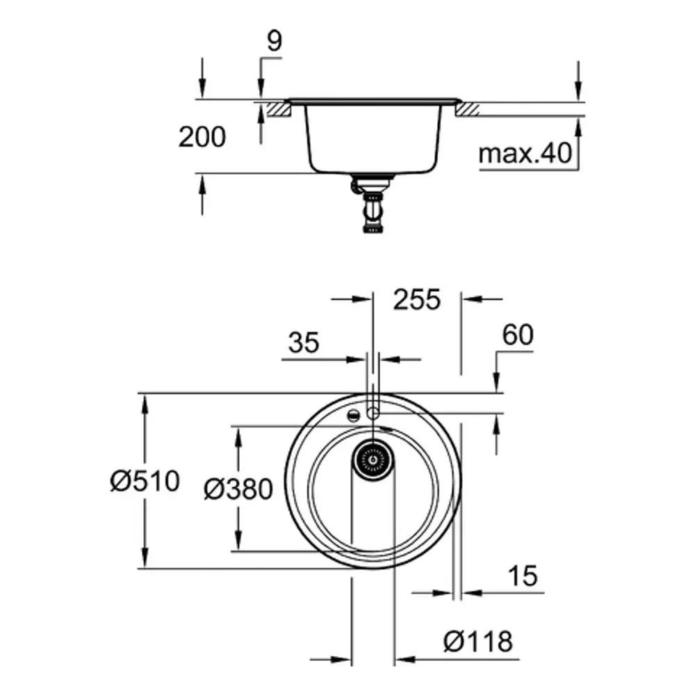 Schwarzgranite Spüle von Grohe mit rundem Becken, Durchmesser 510 mm, maßgeschneiderte Form, verschiedene Abmessungen und Anschlussoptionen dargestellt in technischen Zeichnungen.