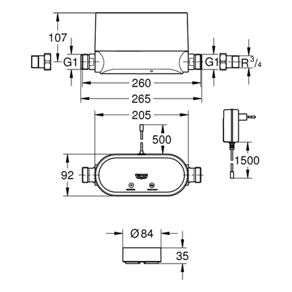 Technisches Diagramm eines Grohe-Produkts mit detaillierten Abmessungen und Anschlüssen, dargestellt aus mehreren Perspektiven, einschließlich des Stromversorgungsanschlusses.