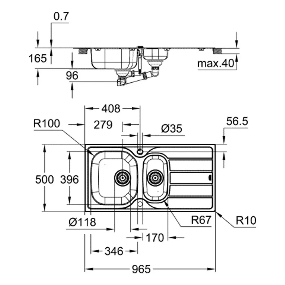 Grohe Edelstahlspüle mit zwei Becken und Abtropffläche. Technisches Diagramm zeigt Maße und Montageskizze in einer Übersicht.