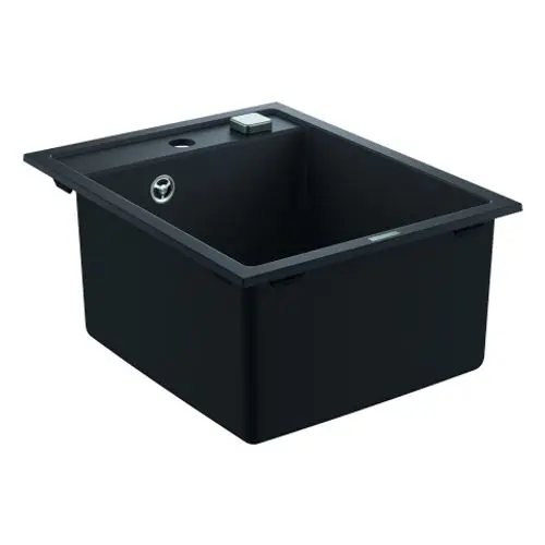 Schwarze Spüle von Grohe mit quadratischem Becken und einem Abflussloch. Die Oberfläche wirkt robust und ist für verschiedene Küchenstile geeignet.