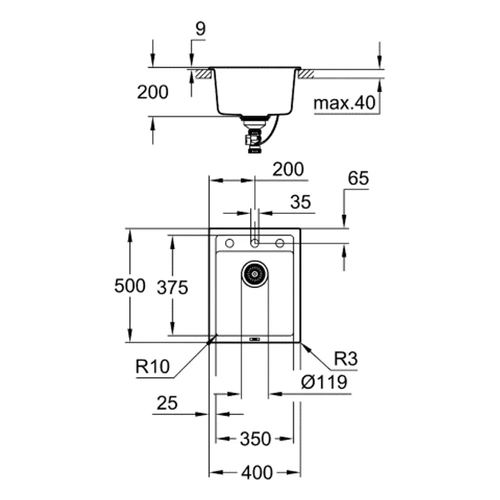 GROHE Kompositspüle mit einem Becken und einer rechteckigen Form. Gewindeanschluss und Abfluss sind sichtbar. Zeichnung zeigt Maße und Installationsdetails.