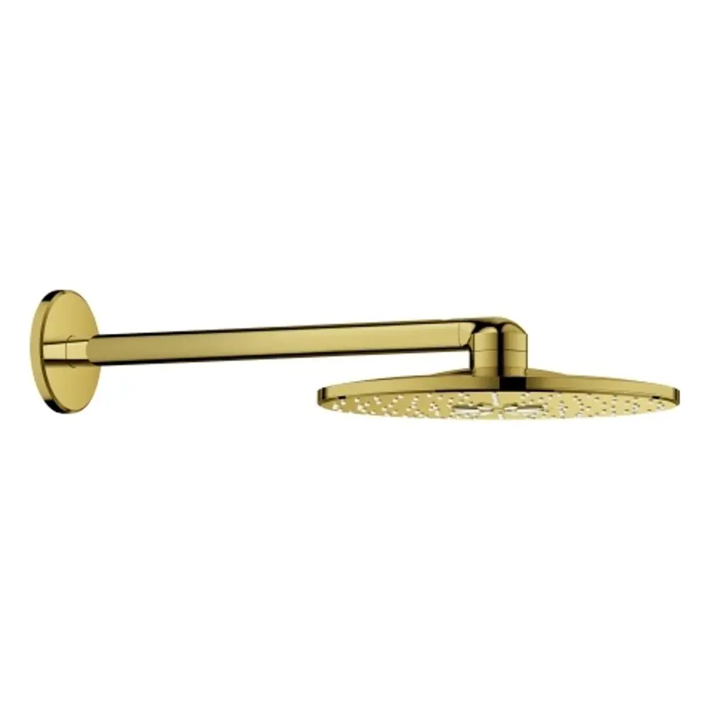 Goldfarbener Grohe Brausearm mit runder Kopfbrause, in flachem Design, zur Wandmontage geeignet, für eine moderne Badezimmergestaltung.