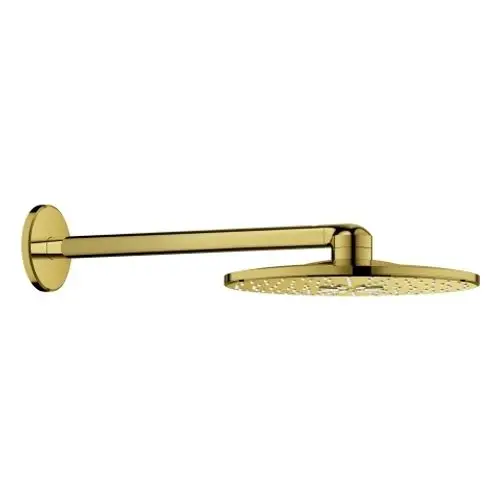 Goldene Regendusche mit flachem, runden Kopf und einem schlichten, modernen Arm zur Wandmontage.