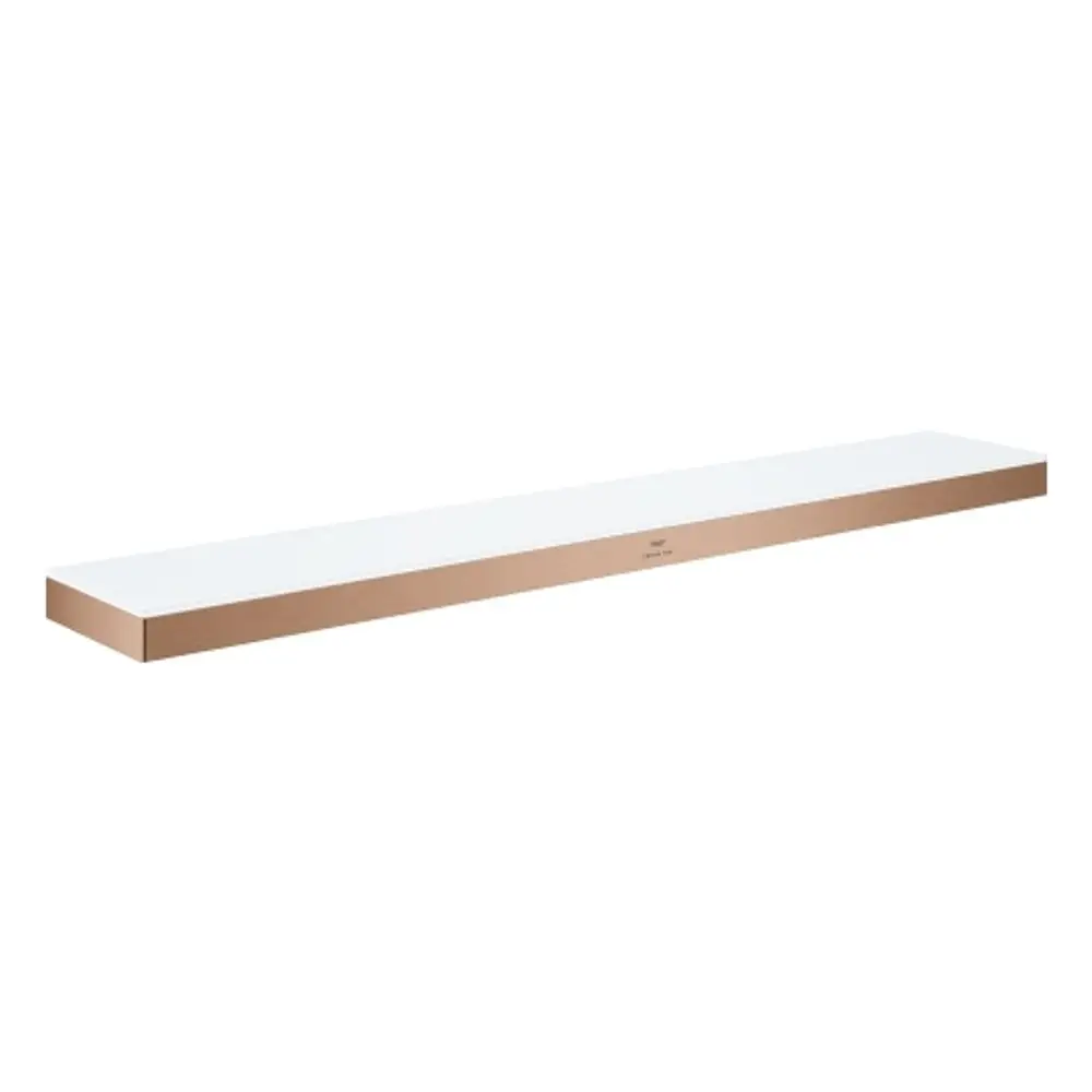 Wandablage mit weißer Glasoberfläche und gebürstetem warm sunset Rahmen von Grohe, geeignet zur Befestigung an Wänden.