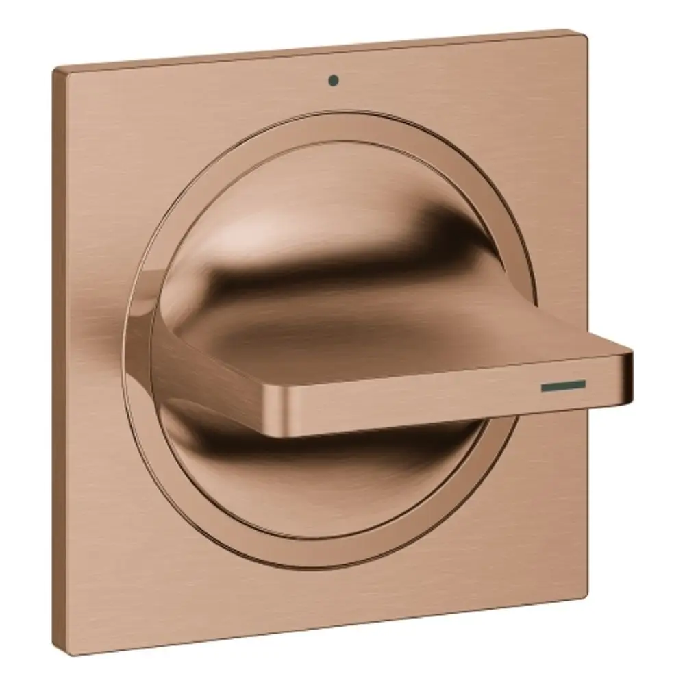 GROHE Oberbauventil in Warm Sunset mit flacher Bedienung und kreisförmigem Gehäuse, montiert auf rechteckiger Platte. Minimalistisches Design für moderne Badezimmer.